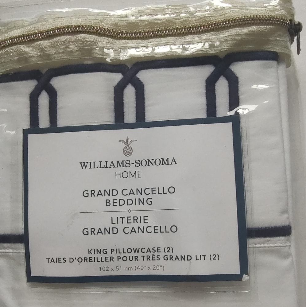 Williams Sonoma Grand Cancello 2 King Pillow Case s White Navy Blue Embroidered - Picture 3 of 12